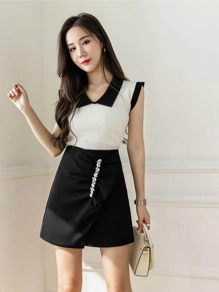 

Женская юбка выше колена с асимметричными складками и бисером, корейская мода класса люкс, с эффектом утяжки живота, стильная, для делового повседневного образа, с безопасной молнией