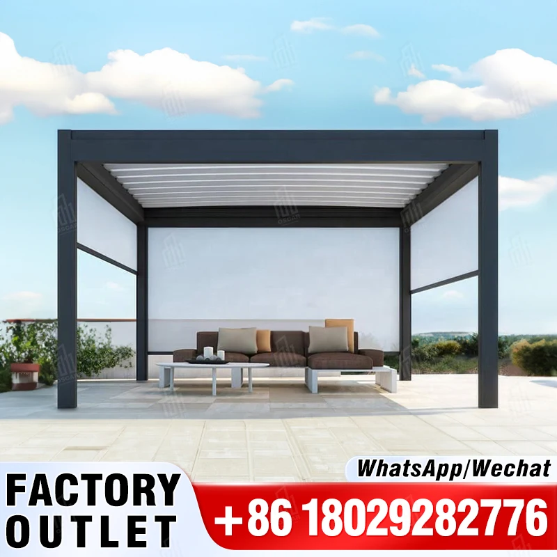 

Outdoor Party Electric Retractable Roof Pergola with Led Lights and Roller Blinds