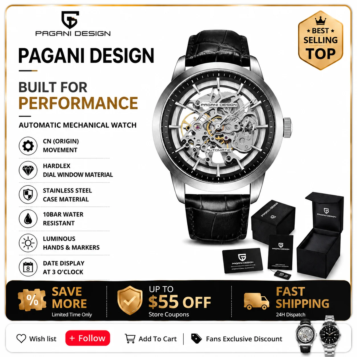 PAGANI DESIGN 2026 New Skeleton Automatic Watch Men Luxury Mechanical Wristwatch Blue Leather Strap Sapphire Waterproof Watch