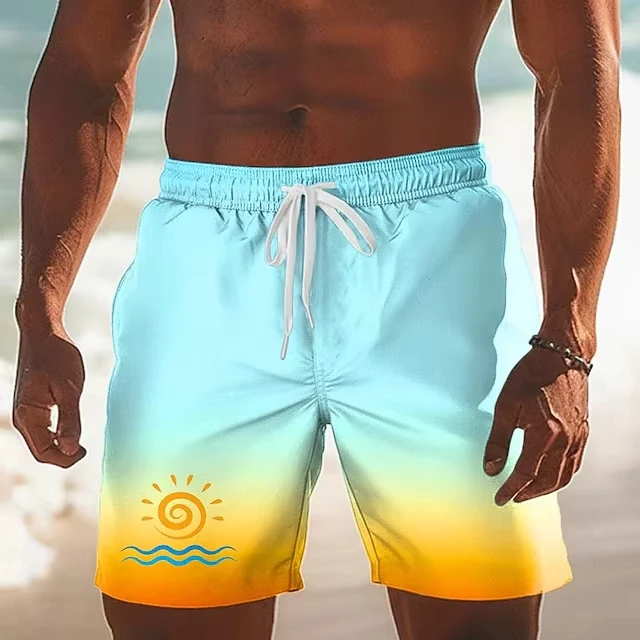 

Gradient Tropical 3D Print Beach Shorts For Men 2026 Summer Hawaiian Beach Swim Trunks Summer Casual Color Blocking Board Shorts