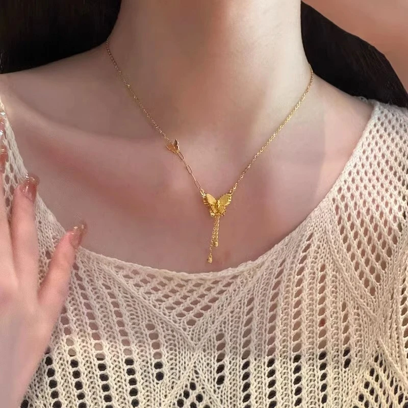 

18kt Gold Color Super Sparkling Butterfly Tassel Necklace for Women Birthay Jewelry Party Necklace Chain Jewelry Gifts Not Fade