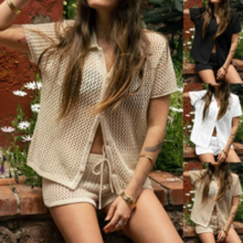 ยุโรปและอเมริกาฤดูใบไม้ผลิและฤดูร้อนใหม่แฟชั่นชุดลําลองผู้หญิงสีตัดกันถักกางเกงขาสั้นแขนสั้น