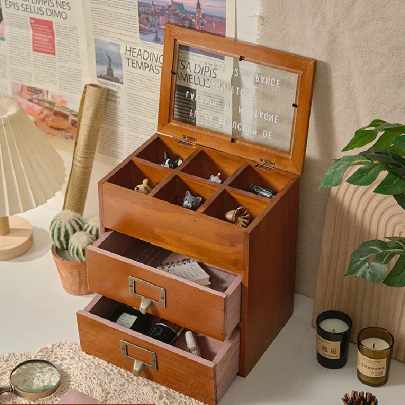 

Blue solid wood retro dustproof home storage cabinet Wooden desktop drawer type jewelry storage box display cabinet A