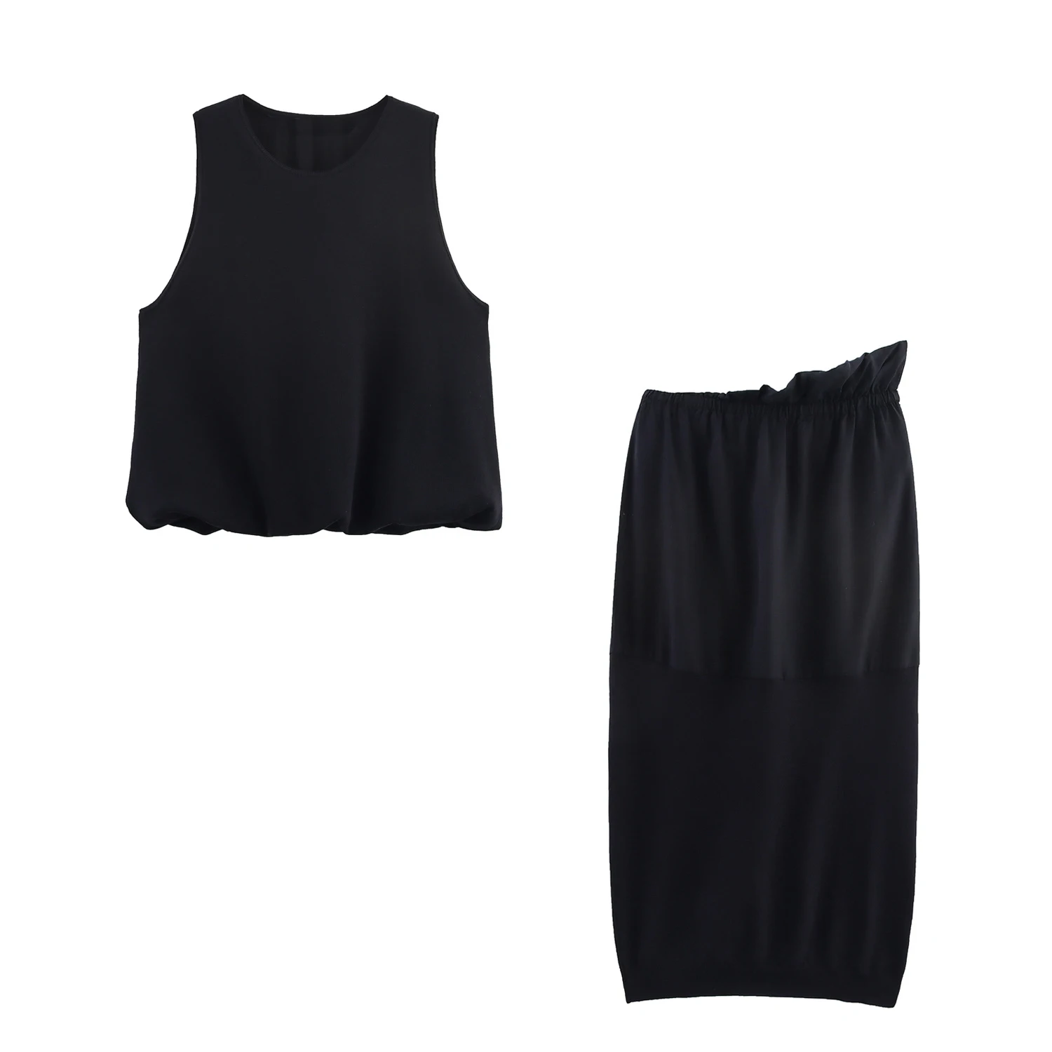 

UNIZERA women's simple fluffy hem round neck sleeveless knitted top solid color skirt temperament summer new skirt