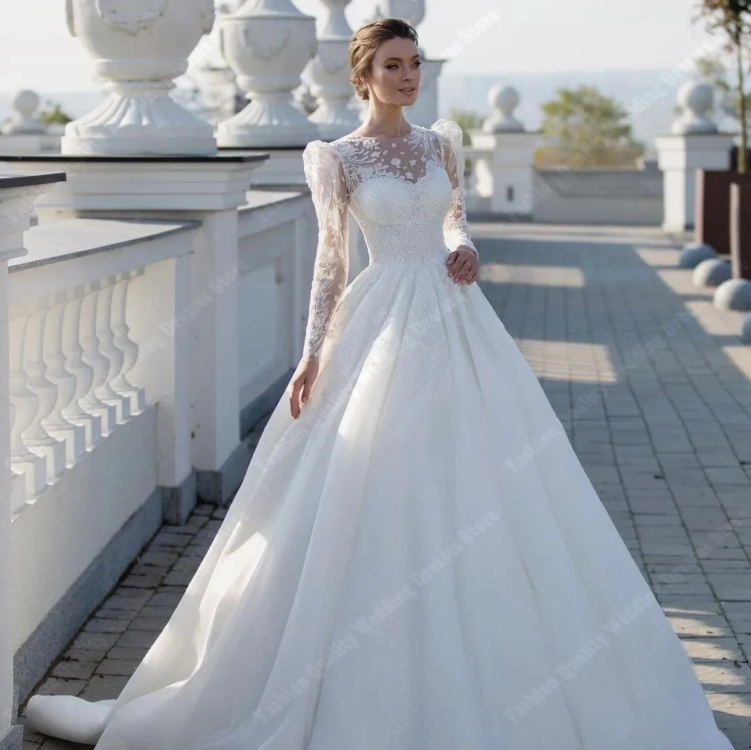 Robe de Mariée Trapèze Brillante à Manches sulfpour Femme, Vêtement Éducatif avec Impression en Dentelle, Nouvelle Collection 2024