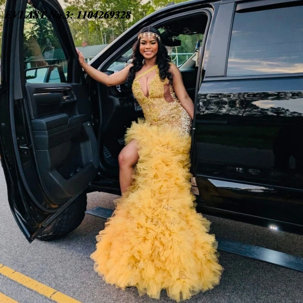 

EVLAST Customized African Gold Mermaid Prom Dress Black Girls Crystal Beaded High Slit Ruffles Party Gown Robe De Soirée E3P631