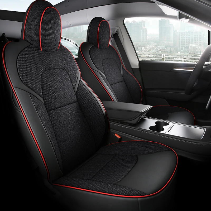 Custom Fit Car Seat Cover Accessories Specific for 5 Seats Tesla Model Y Model 3  Leather and Linen Combined Rear Half Covered