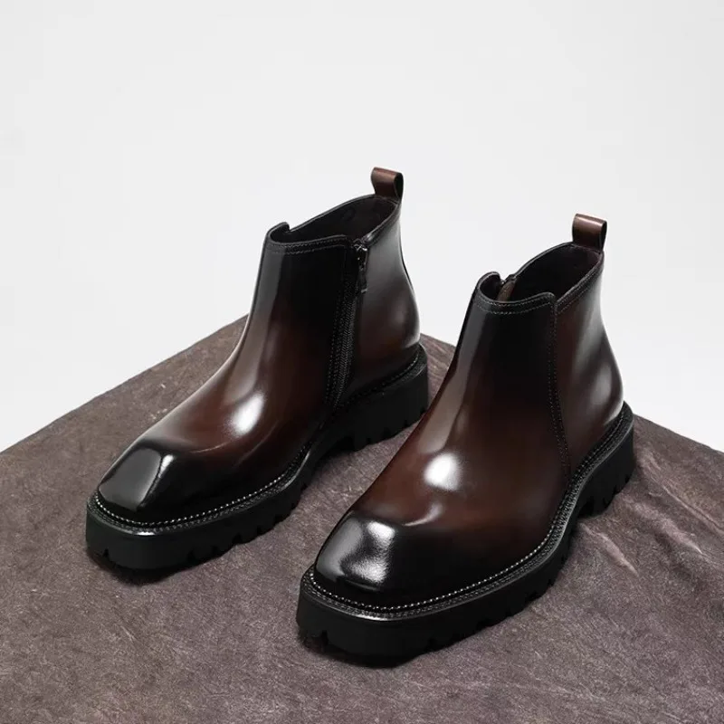 

Mens Chelsea Leather Boots British Style High Top Zip Up Casual Shoes Thick Sole Fashion