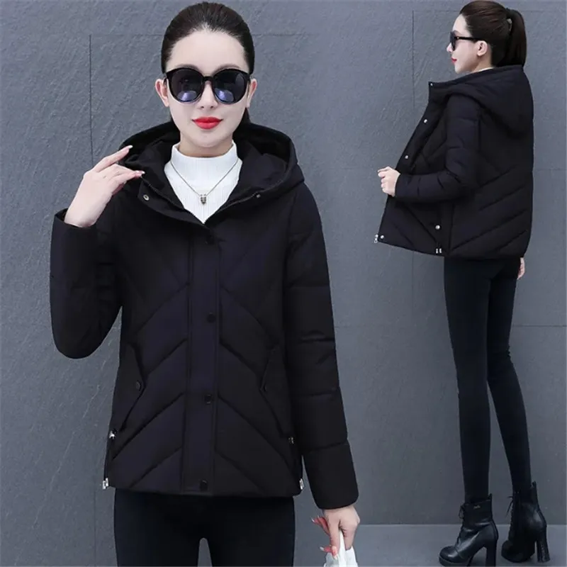 Winter Cotton Jacket Women 2023New Loose Hooded Coat Concealed Zipper Outerwear Pure Colour Fashion Pocket Parka Overcoat Female