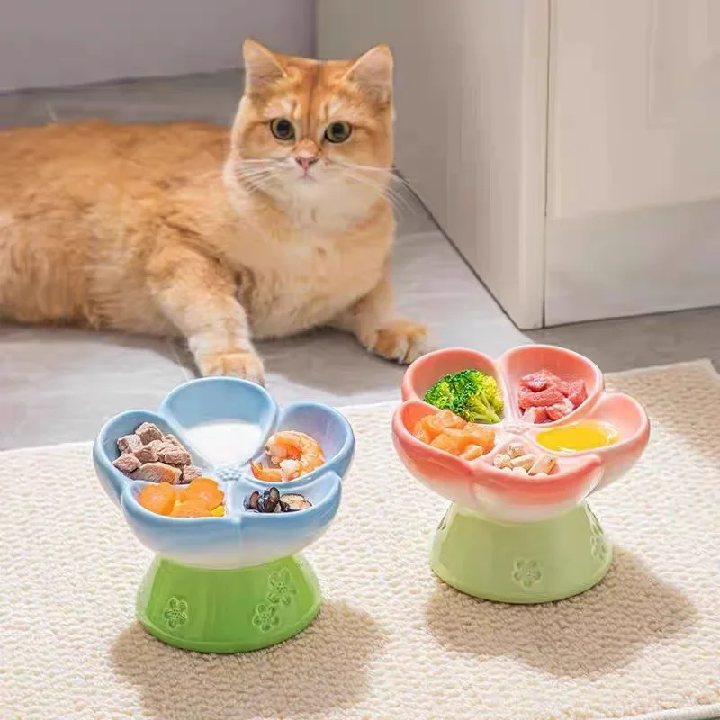 Ceramic Slow Feeder Dog Bowl for Dry Wet Food Smooth Surface Elevated Cat Food Bowl Flower Shape Pet Food Bowl for Small Cat Dog