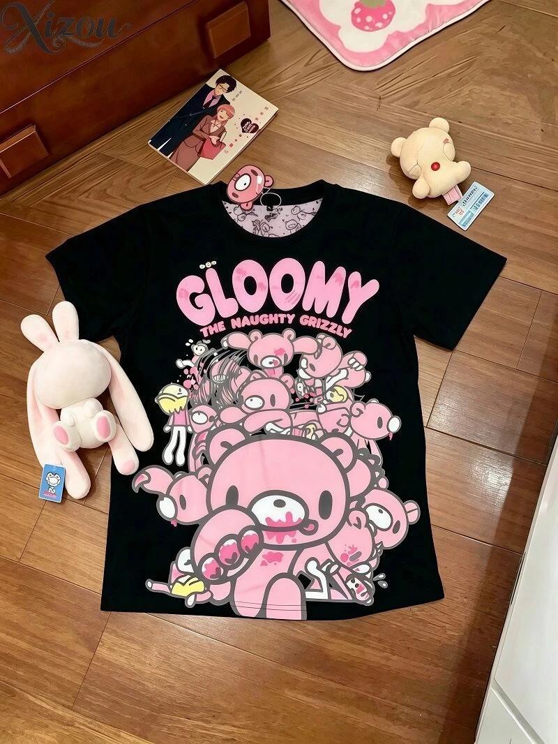 Y2K Kawaii Pink Bear Graphic Tee Black Short Sleeve Shirt Harajuku Aesthetic Sweet Soft Girl Summer Casual T‑Shirt 2026 Women