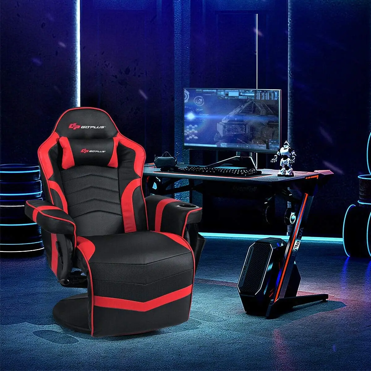 RacingStyleGamingReclinerw/verstelbare rugleuning en voetsteun, ergonomische hoge rugleuningPULeather computerbureaustoel Draaibare gamestoel