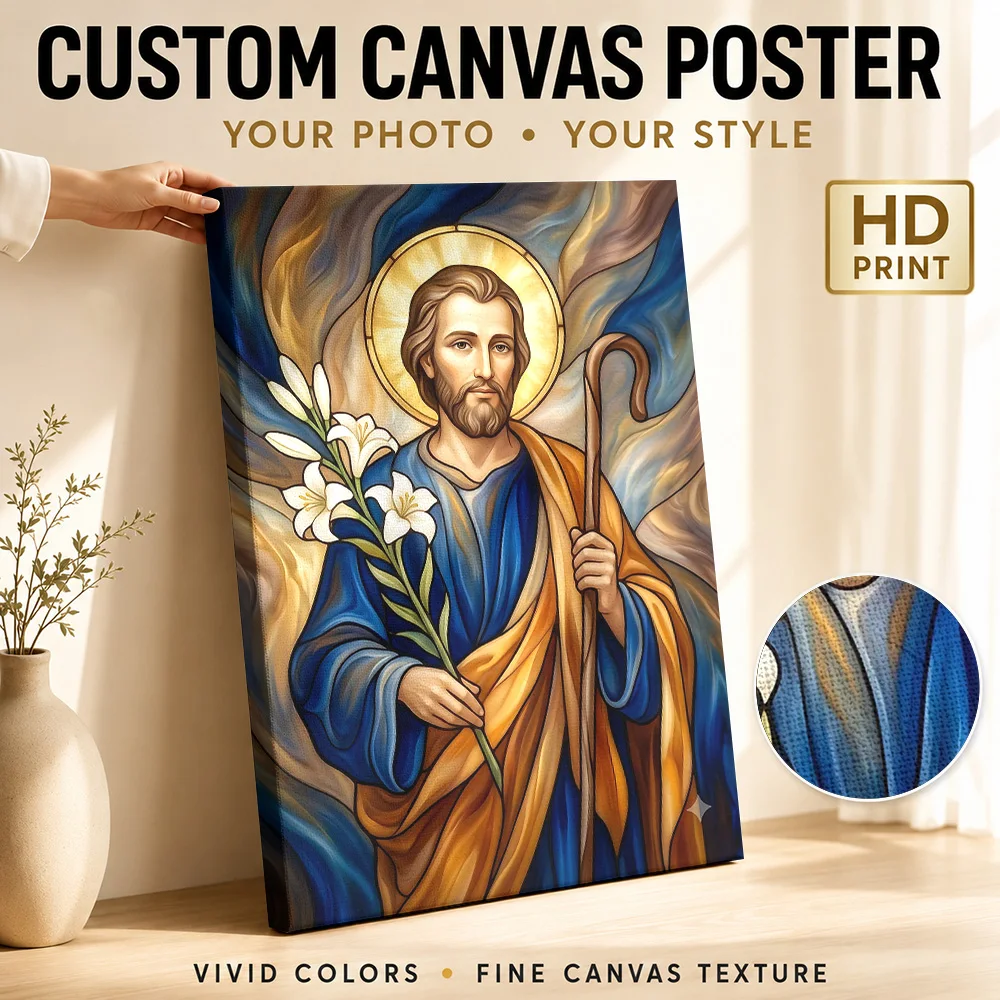 Saint Joseph Lilies Faith Wood Framed Canvas Print Personalized Photo Stained Glass Style Wall Art For Living Room Birthday Gift