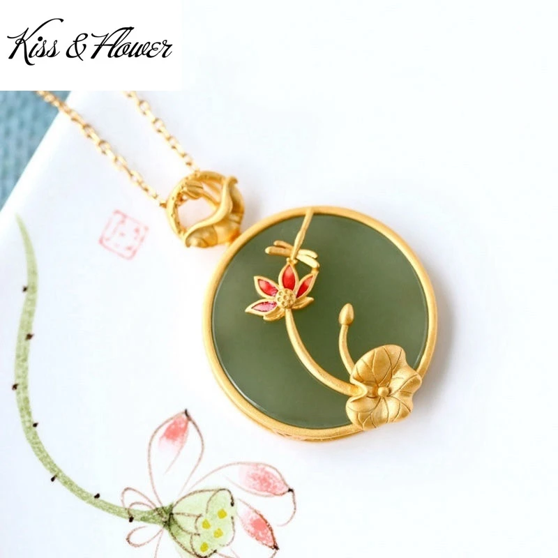 

KISS&FLOWER NK259 Fine Jewelry Wholesale Fashion Woman Bride Mother Birthday Wedding Gift Cloisonne Lotus 24KT Gold Necklace