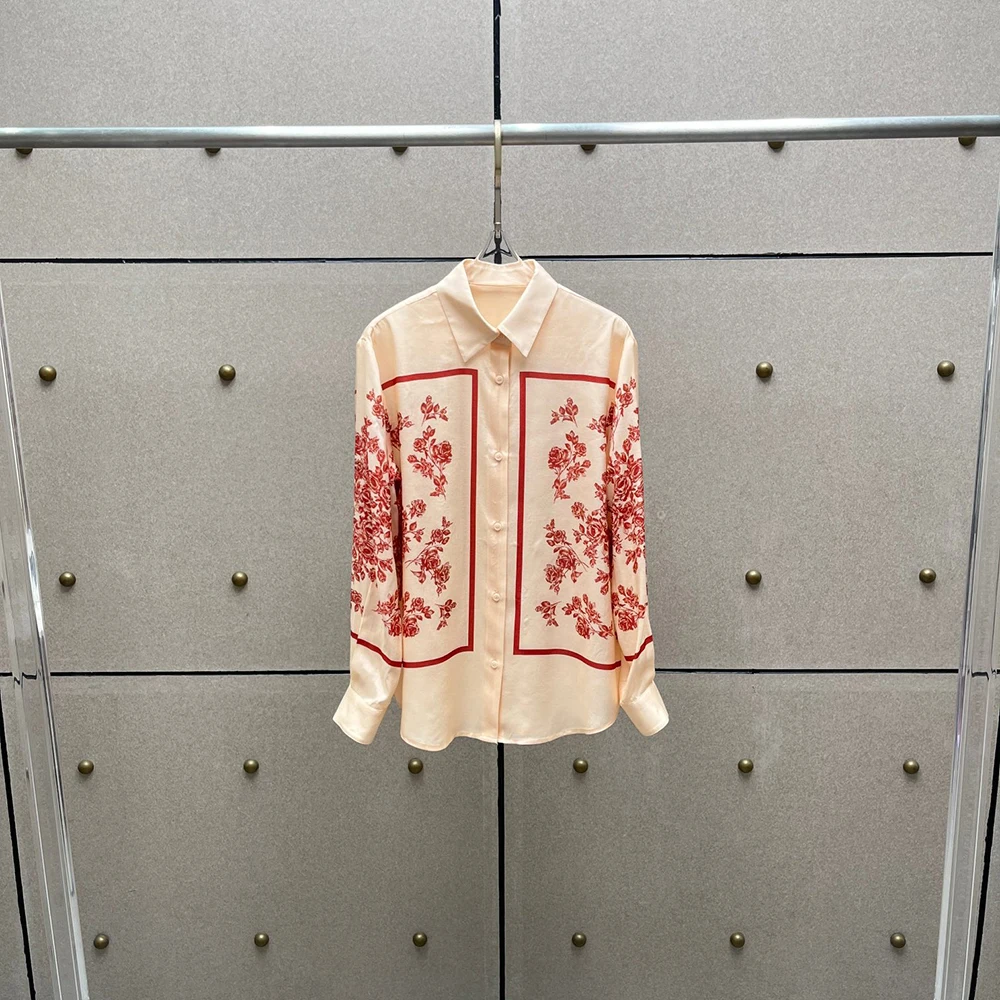 

Elegant Viscose Women's Y2K Fashion Print Commuter Shirt Single-Breasted Long Sleeve Blouse Summer 2025 New Top
