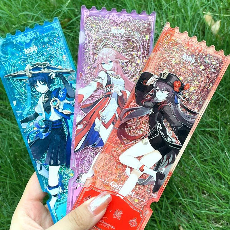 18cm X 6cm Genshin Impact Kamisato Ayaka Kawaii Girls Laser Anime Stationery Acrylic Liquid Quicksand Ticket Root Kids Bookmark