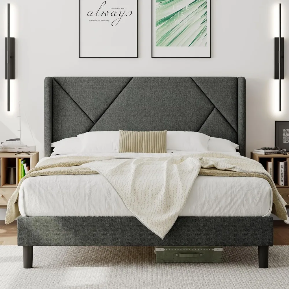 

Bed Frame Queen Size with Geometric Wingback Storage Headboard, Modern Upholstered Platform Beds, Noise-Free, Bed Frame