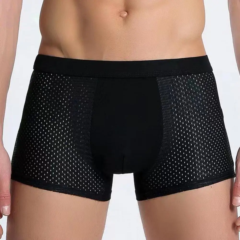 Men Summer Thin Ice Silk Shorts Panties Breathable Hollow Mesh U-convex Mid-rise Solid Color Shorts Briefs Underpants