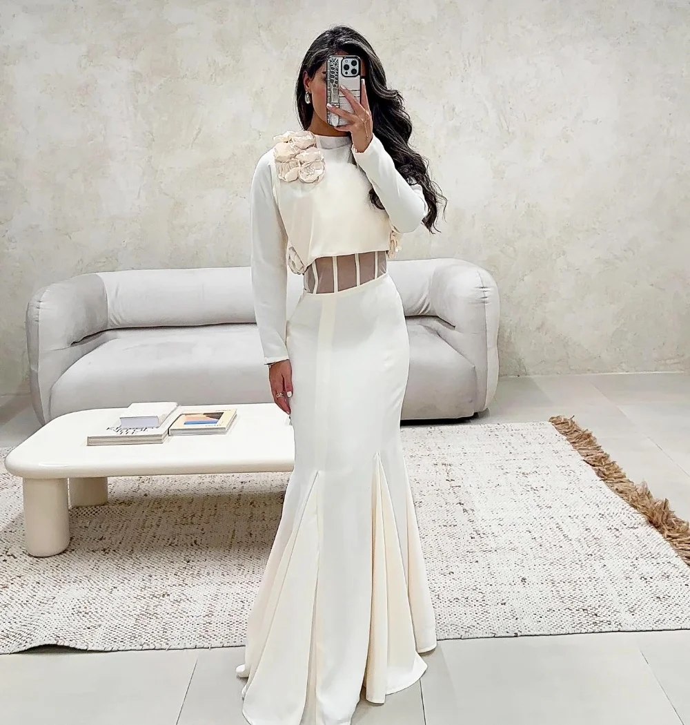 ชุดเดรสยาวทรงเมอร์เมด คอโอ แขนยาว แต่งจีบลายดอกไม้ สไตล์พัสตอรัล  ออกแบบตามสั่ง สำหรับโอกาสพิเศษ งานเลี้ยงหรูหรา ระดับคนดัง  งานออกแบบสุดประณีต