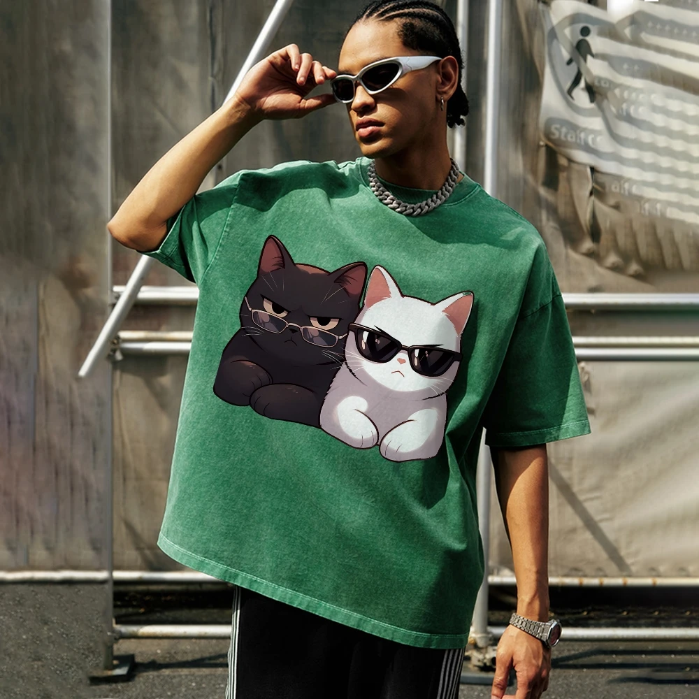 

Black And White Cartoon Cat Graphic Print Women's T-Shirt Unisex Loose Wash Cotton Short Sleeve Summer Casual Cute Top