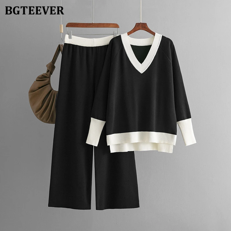 BGTEEVER Winter Women Sweater Set V-neck Patchwork Pullovers Tops & Wide Leg Pants Ladies Knitted Outfits