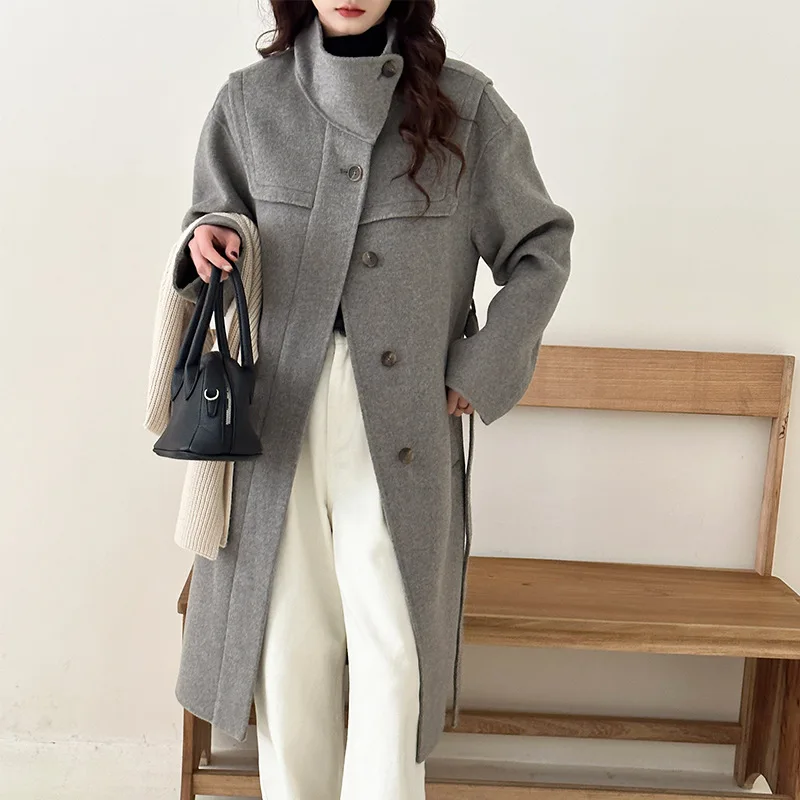 Premium gray double-sided wool coat women's 2023 winter stand-up collar design sense medium and long woolen coat