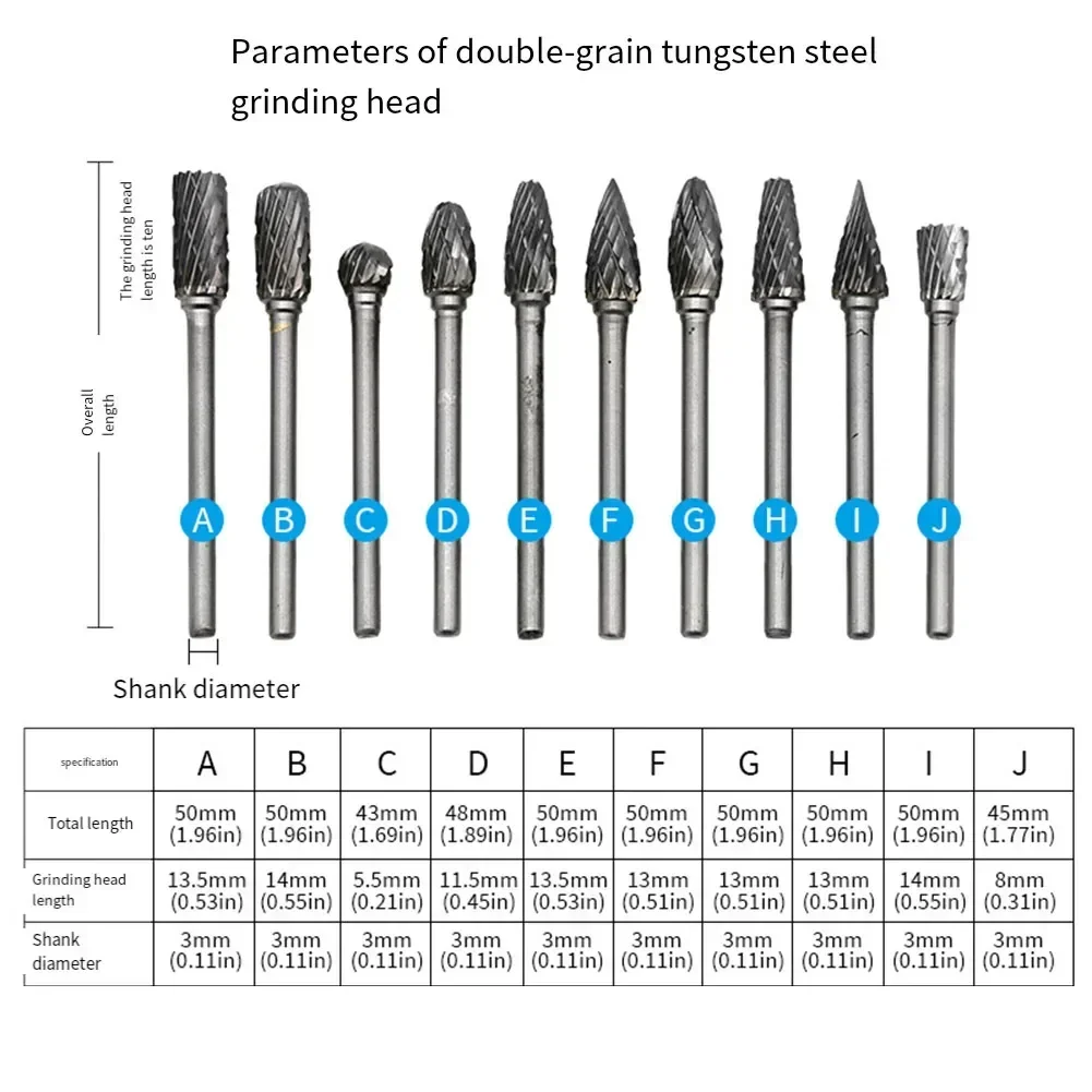 10pcs Carbide Burr Set Tungsten Steel Double Cut Rotary File Milling Cutter Head Woodworking Grinding Carving Head Set