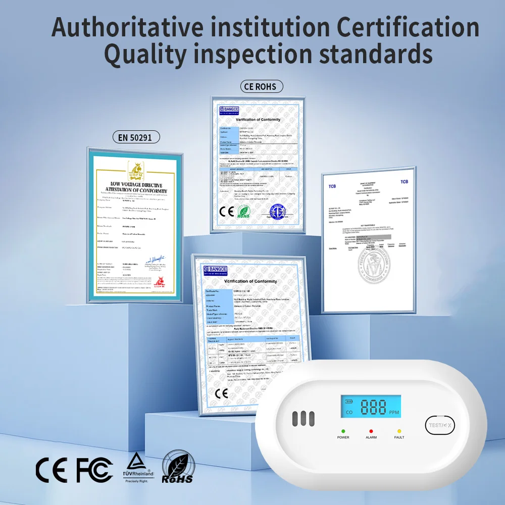 مستشعر إنذار ثاني أكسيد الكربون المستقل كاشف إنذار أول أكسيد الكربون 85dB تحذير عالي الحساسية شاشة LCD كهروضوئية للفندق المنزلي