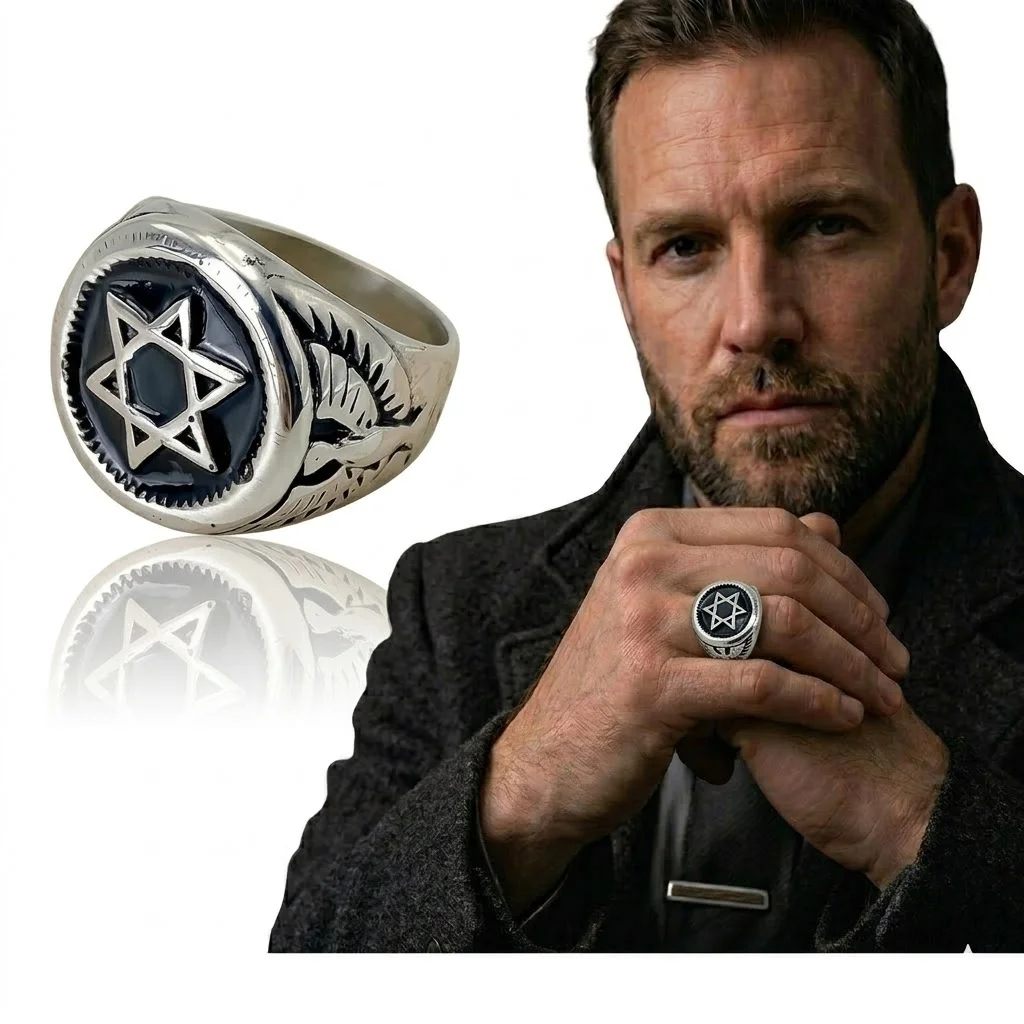 Vintage Star of David Ring for Men Stainless Steel Jewish Eagle Signet Ring Punk Black Enamel Biker Religious Jewelry Gift - view 2