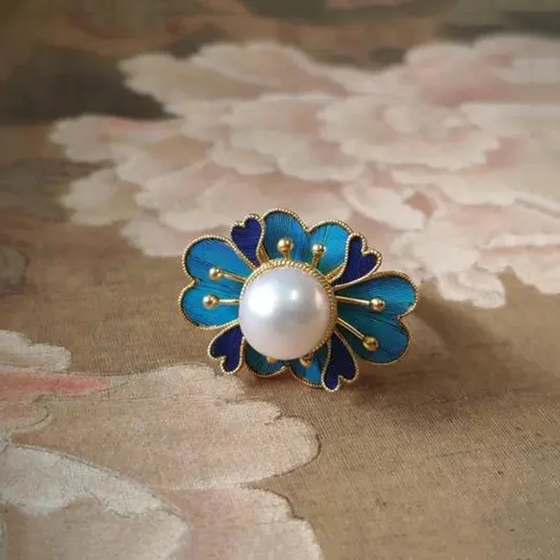 Original craft enamel porcelain pearl flower  rings for women retro palace style light luxury pendant women's silver jewelry