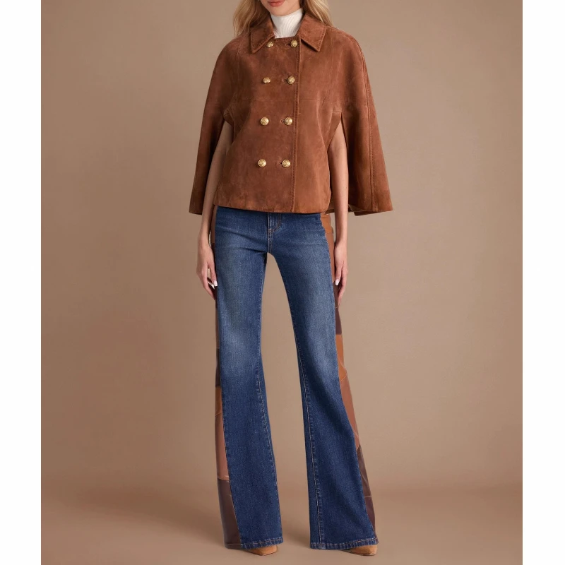 Fashionable Vintage Loose-fit Double-breasted Metal Button Decorated Notch Collar Brown Suede Cape Coat