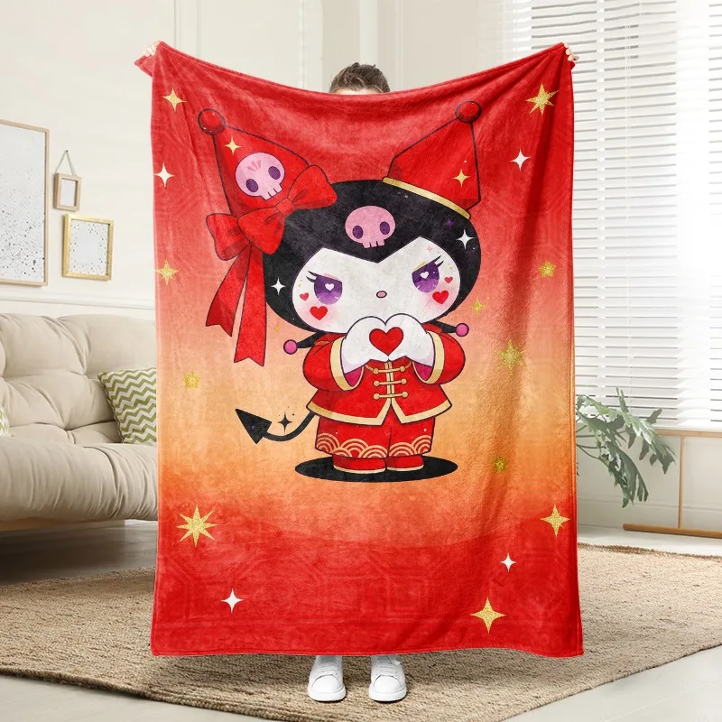 Manta Sanrio, Acogedora Manta de Forro Polar para Colgar en la Pared, Diseño Kawaii de Chica Diablilla en Traje Tradicional Rojo, Fondo Degradado Estrellado, Suave