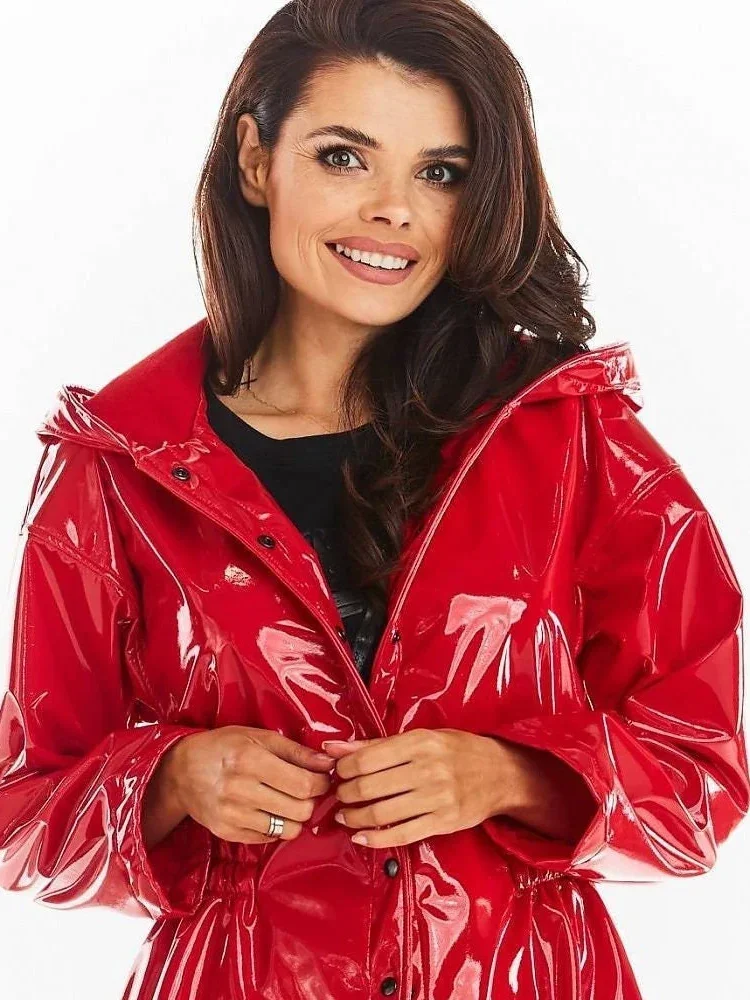 Parka de charol brillante para mujer, abrigo con capucha y bolsillo, chaqueta de manga larga de látex sintético, impermeable de PVC con botones, nueva personalizada