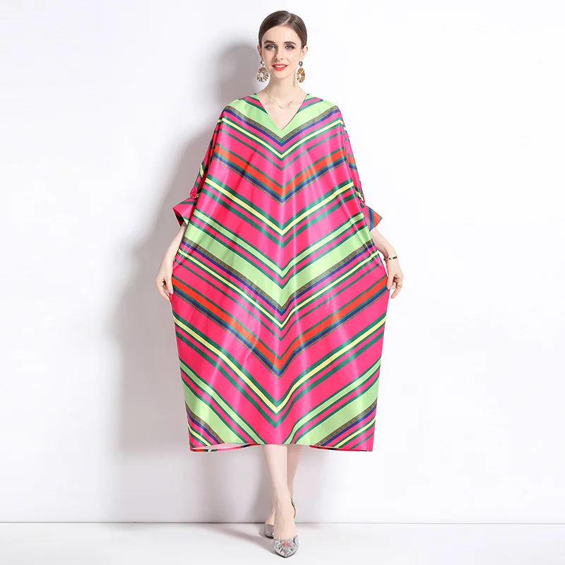 

Runway Designer 2023 New Fashion Women Summer Letter Striped Loose Casual V Neck Batwing Sleeve Holiday Beach Boho Dresses