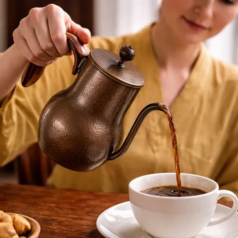 Handmade Retro Pure Copper Coffee Pot with Lid Hammered Gooseneck Design Large Capacity Gourd Shape for Home Office Gift