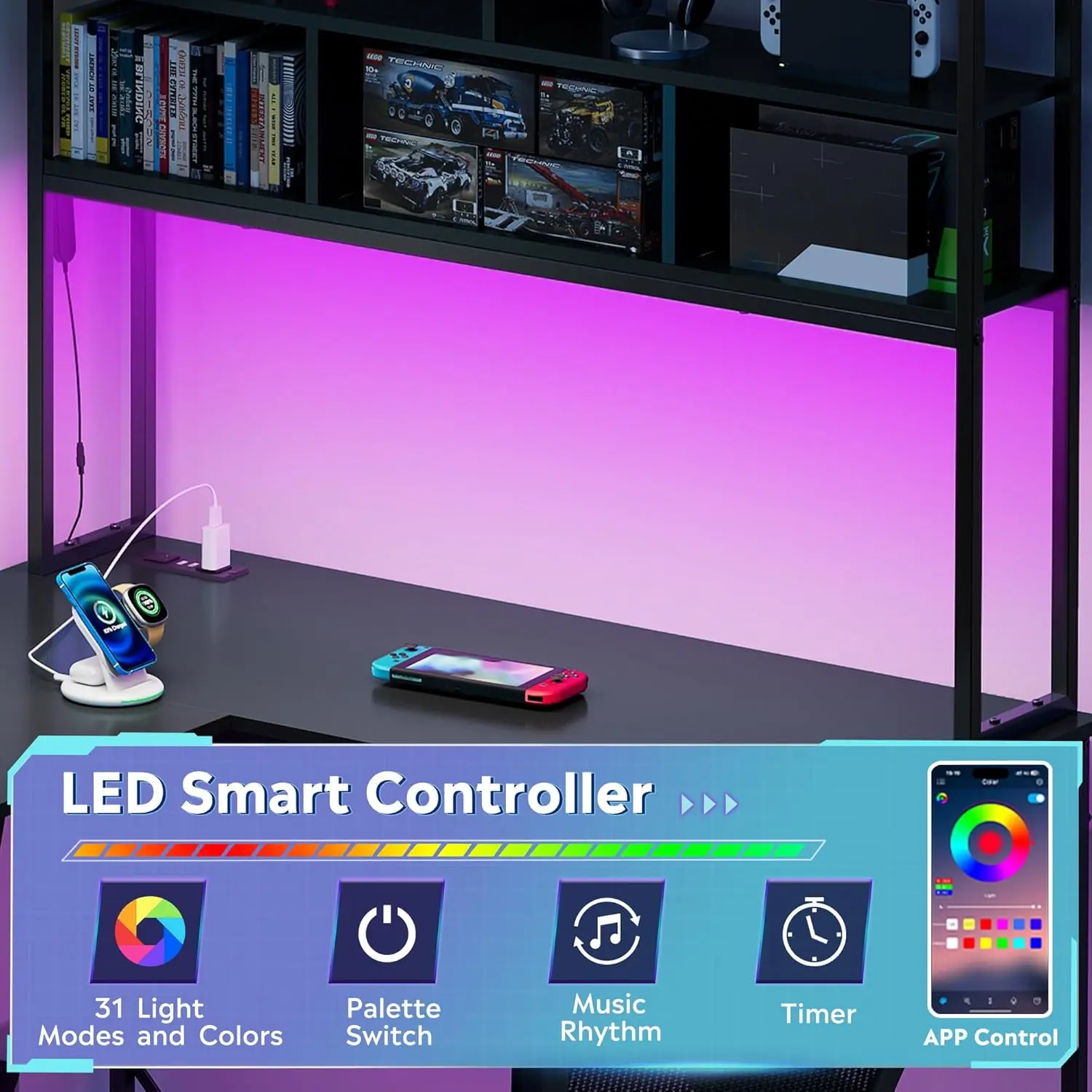L Shaped Gaming Desk with Hutch, Reversible Computer Desk with LED Light, 3-Tier Shelves, 2 AC+2 USB Outlet and Monitor Stand, C - view 5