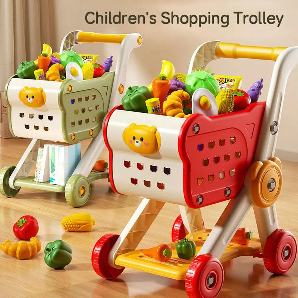 Zabawka wózek na zakupy dla dzieci, mały wózek, zabawa w dom, cięcie owoców, kuchnia domowa, supermarket, zabawki edukacyjne dla chłopców i dziewczynek.