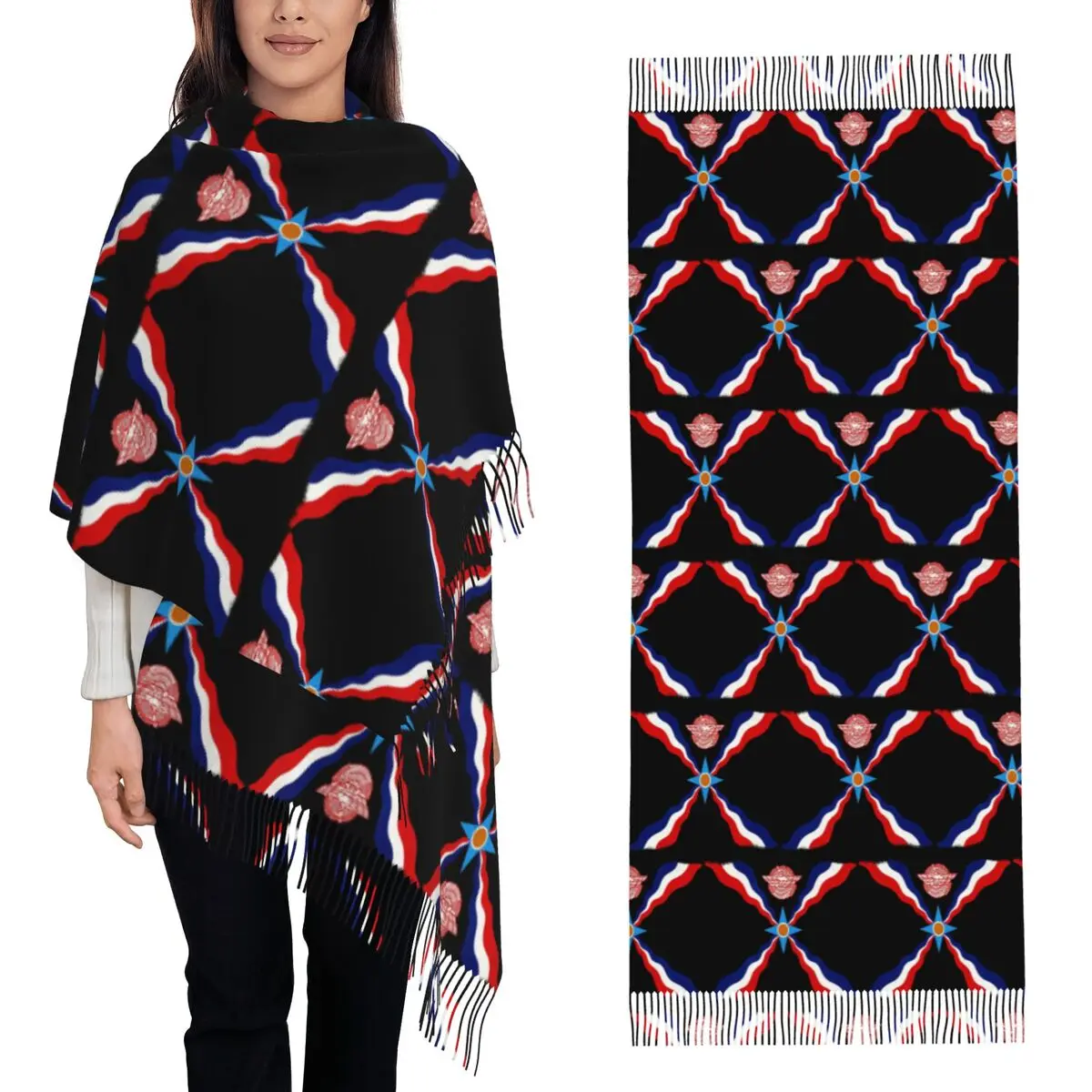 

Luxury Assyrian Suryoyo Flag Scarf Tassel Scarves Women Soft Warm Shawls and Wraps Large Fall Winter Shawl Wrap