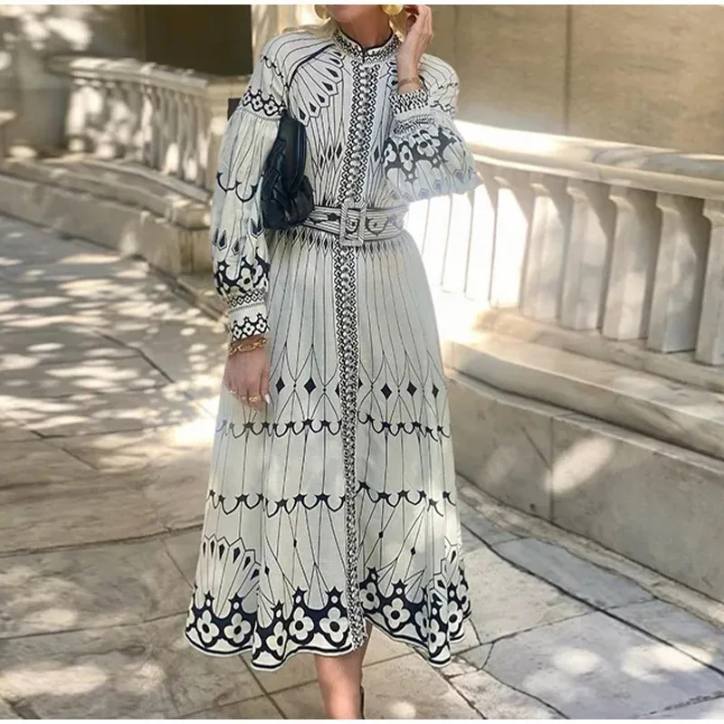 

New Women's Dress Autumn Winter Print Loose Casual Fashion Elegant Palace Style Lothes Long Sleeve Belt High Waist Long Vestido