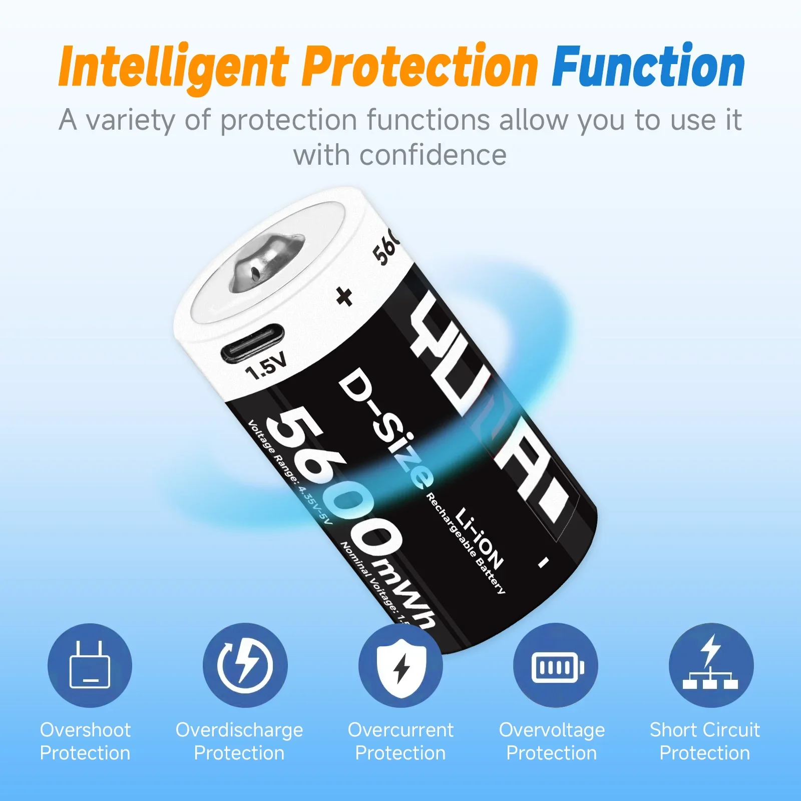 YUNAO Rechargeable Type d 1.5V 5600mWh battery USB LR20 lithium-ion type C battery for gas stove water heater electronic organ