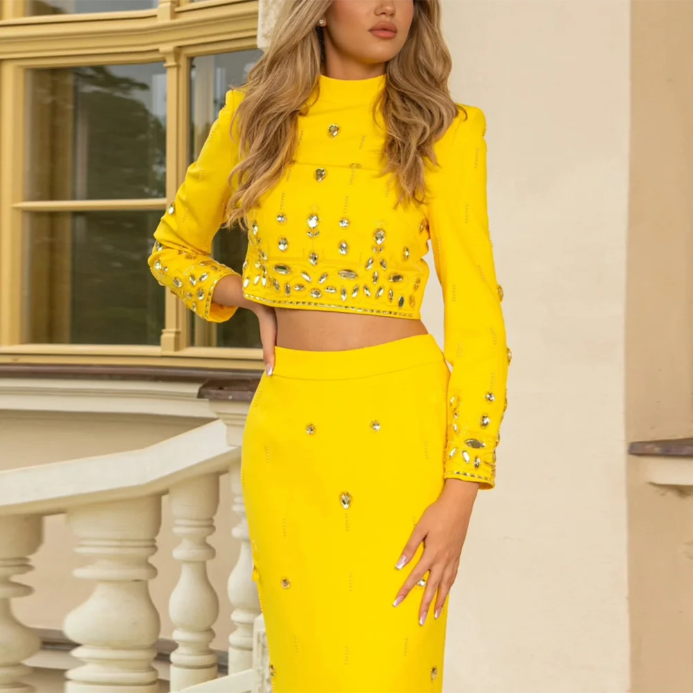 TWOTWINSTYLE Solid Spliced Diamonds Two Piece Sets for Women Stand Neck Long Sleeve Top High Waist Skirt Temperament Set Female