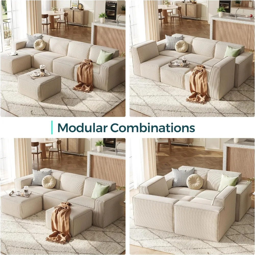 Oversized Deep Modular Sectional Sofa, Cloud Couch L Shaped 3-Seat Sofa with Ottoman, Corduroy Sectional Couches for Living Room