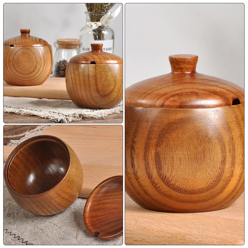 

1Pcs Wooden Seasoning Box Ecofriendly Condiment Holder Kitchen Spice Jar Lid Spoon Hole Storage Container Condiment Pot