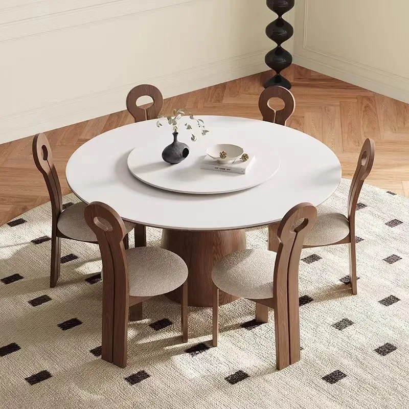 

Retro walnut wind solid wood round table household small apartment designer French round dining table and chairs combination