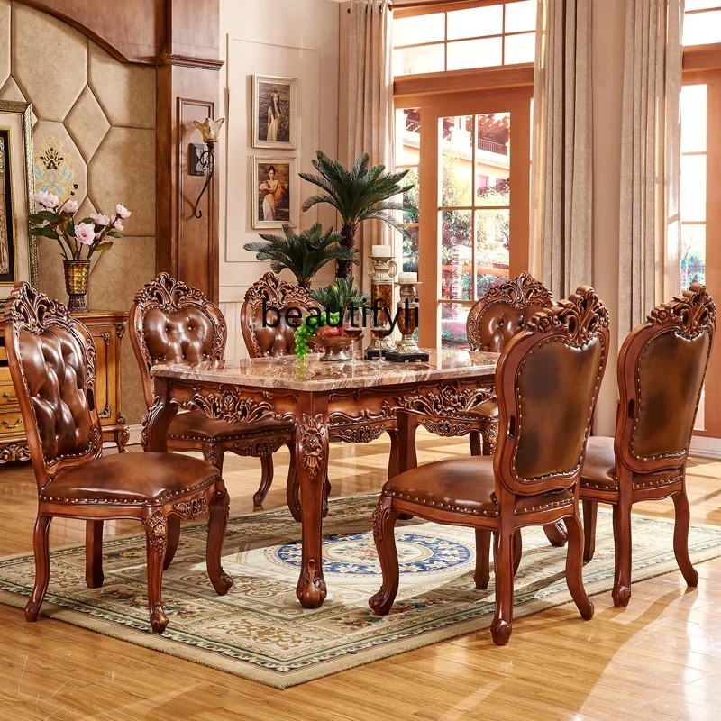 

A26 European square table solid wood carving flower American neoclassical marble water-based paint rectangular dining table