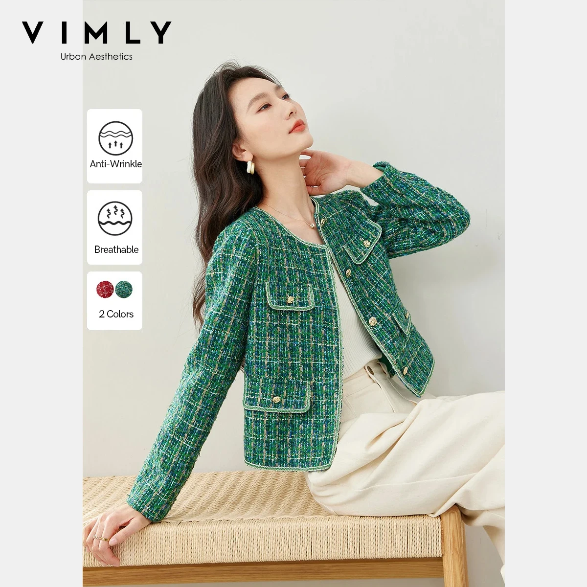 

VIMLY Elegant Plaid Women's Jackets 2025 Autumn New Fashion Temperament Coats O-neck Single Breasted Versatile Female Tops M8855