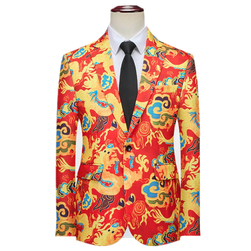 

Новый мужской костюм с тотемом дракона в китайском стиле, приталенный пиджак на одной пуговице, модный мужской роскошный пиджак с 3D цифровым принтом