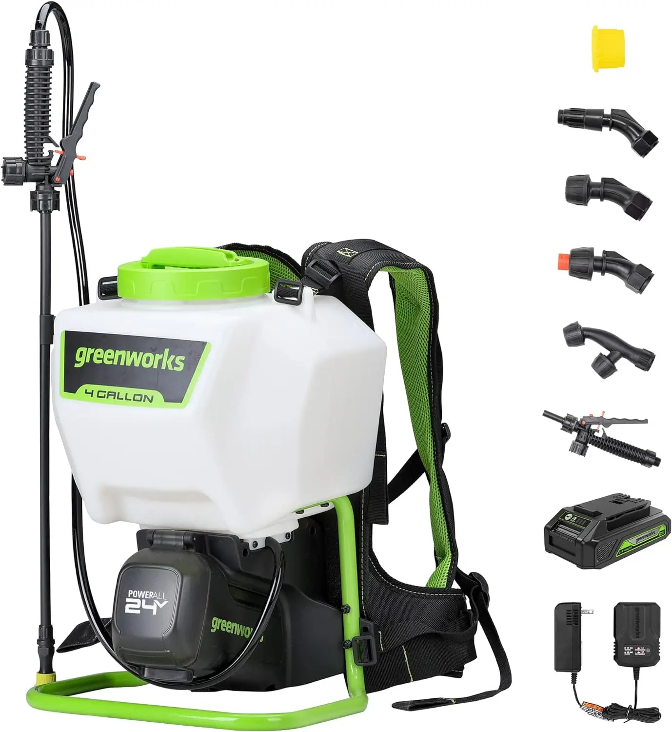 

Greenworks 24V Cordless Backpack Sprayer (4 Gallon / 5 Tips / 25 FT Spray) For Weeding, Spraying, and Cleaning, 2.0Ah Battery an