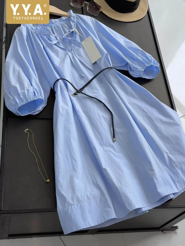 

Women Summer Cotton Dress Fashion Puff Sleeve Loose Fit Casual A Line Dresses Office Ladies Solid Color Ruffled Pullover Dress