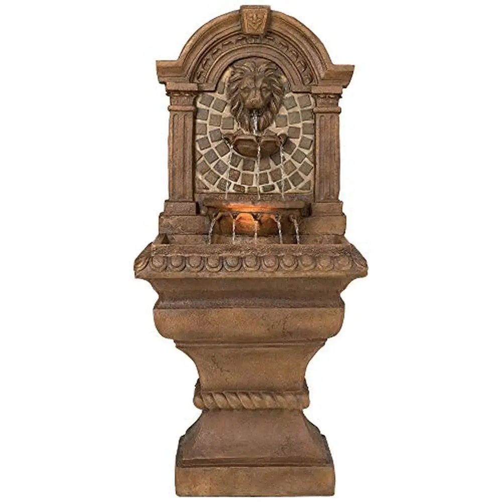 

Mediterranean Style Lion Head Wall Water Fountain with LED Light 51" High Outdoor Garden Patio Decor Stone Resin Tile Feature